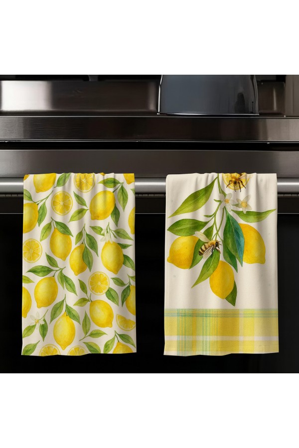 Sarı Limon Desenli 2 li Set Dekoratif Yıkanabilir Pamuklu Mutfak Fırın El Havlusu 35x50 cm