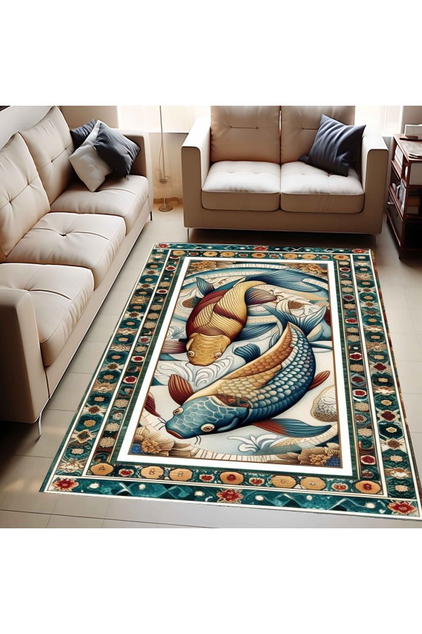 Renkli Balık Desenli Dokuma Şönil Kilim Halı Yıkanabilir Salon Oturma Odası Mutfak Halısı