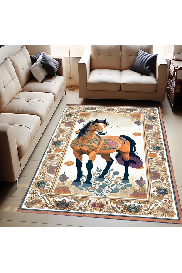 Sevimli At Desenli Dokuma Şönil Kilim Halı Yıkanabilir Salon Oturma Odası Mutfak Halısı