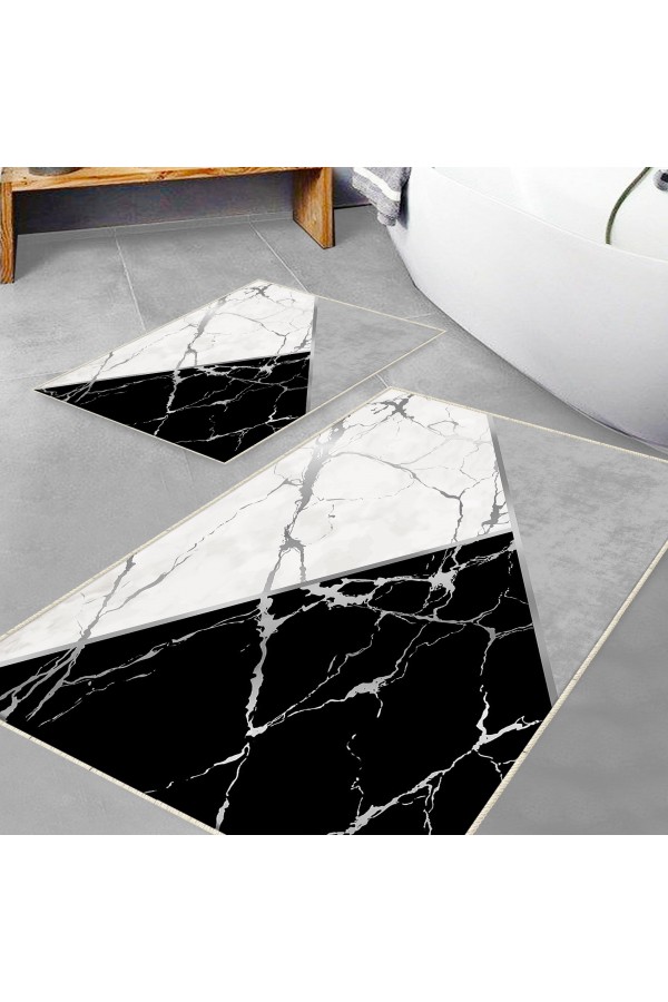 Gri Siyah Karolar Desenli 2 li Klozet Takımı Banyo Paspas Halısı Kaymaz Yıkanabilir Gri Siyah Karolar Desenli 2 li Klozet Takımı Banyo Paspas Halısı Kaymaz Yıkanabilir