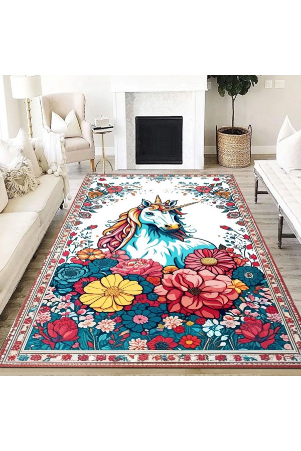 Unicorn Çocuk Desenli Dokuma Şönil Kilim Halı Yıkanabilir Salon Oturma Odası Çocuk Mutfak Halısı