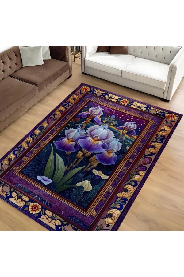 Mor Çiçek Desenli Dokuma Şönil Kilim Halı Yıkanabilir Salon Oturma Odası Mutfak Halısı