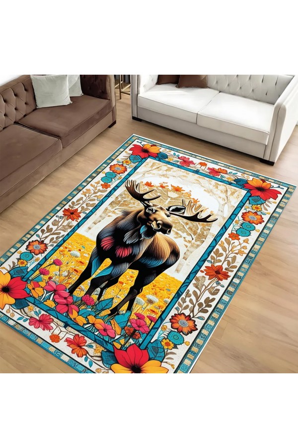 Retro Geyik Desenli Dokuma Şönil Kilim Halı Yıkanabilir Salon Oturma Odası Mutfak Halısı