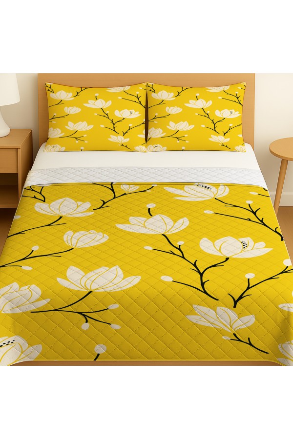 Sarı Beyaz Çiçekler Desenli Çift Kişilik Pike Takımı Yatak Örtüsü Sarı Beyaz Çiçekler Desenli Çift Kişilik Pike Takımı Yatak Örtüsü