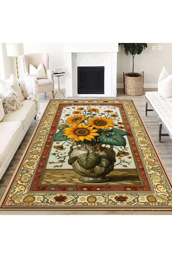 Ay Çiçeği Vazo Desenli Dokuma Şönil Kilim Halı Yıkanabilir Salon Oturma Odası Mutfak Halısı