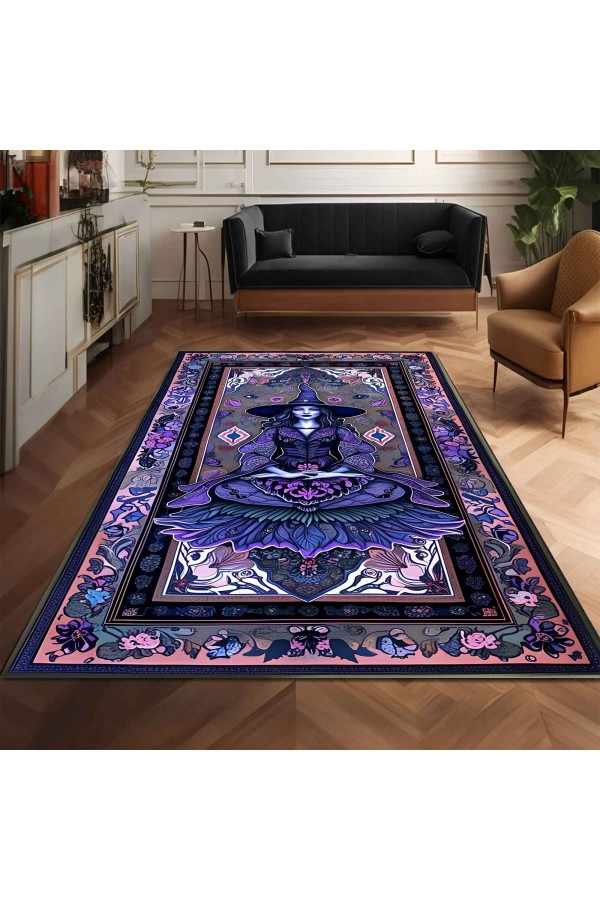 Gotik Mor Cadı Desenli Dokuma Şönil Kilim Halı Yıkanabilir Salon Oturma Odası Mutfak Halısı
