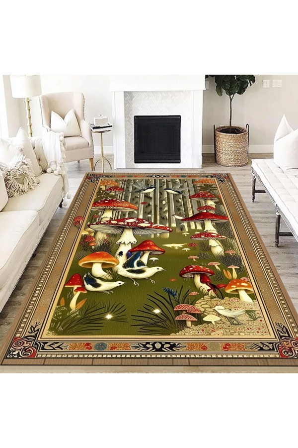 Mantar Orman Desenli Dokuma Şönil Kilim Halı Yıkanabilir Salon Oturma Odası Mutfak Halısı