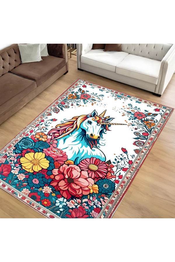 Unicorn Çocuk Desenli Dokuma Şönil Kilim Halı Yıkanabilir Salon Oturma Odası Çocuk Mutfak Halısı