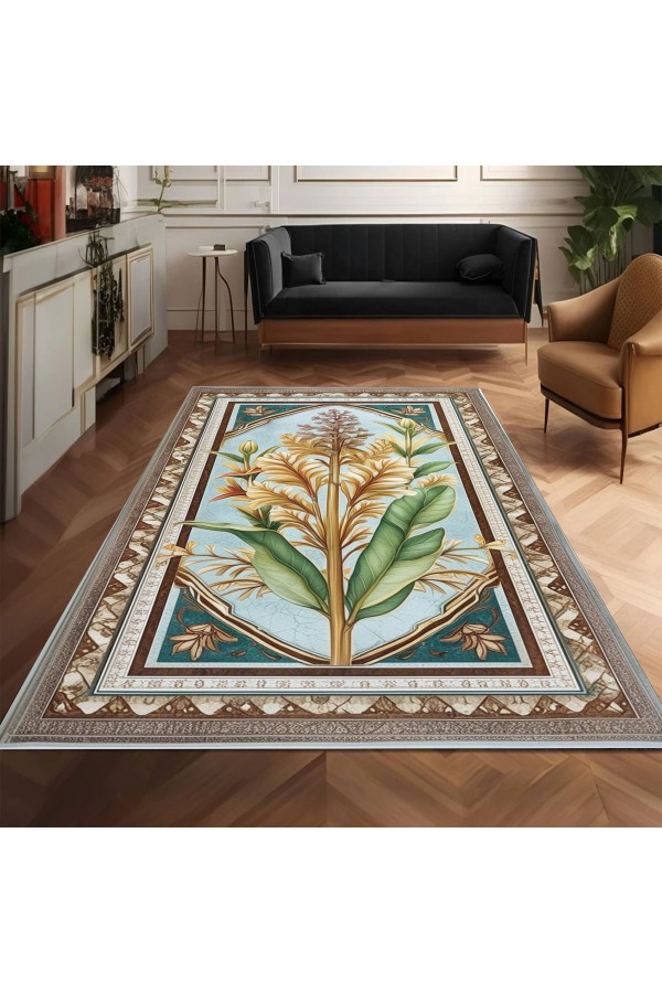 Retro Sarı Çiçek Desenli Dokuma Şönil Kilim Halı Yıkanabilir Salon Oturma Odası Mutfak Halısı