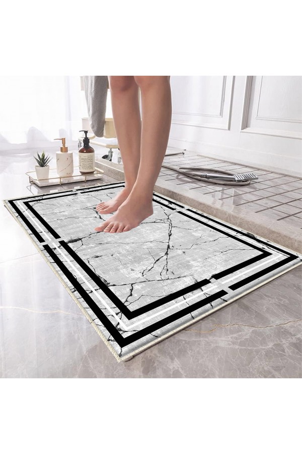Siyah Beyaz Çizgi Desenli Tekli Banyo Paspas Halısı Kaymaz Yıkanabilir