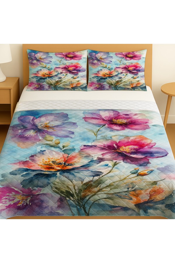 Suluboya Çiçek Desenli Çift Kişilik Pike Takımı Yatak Örtüsü Suluboya Çiçek Desenli Çift Kişilik Pike Takımı Yatak Örtüsü