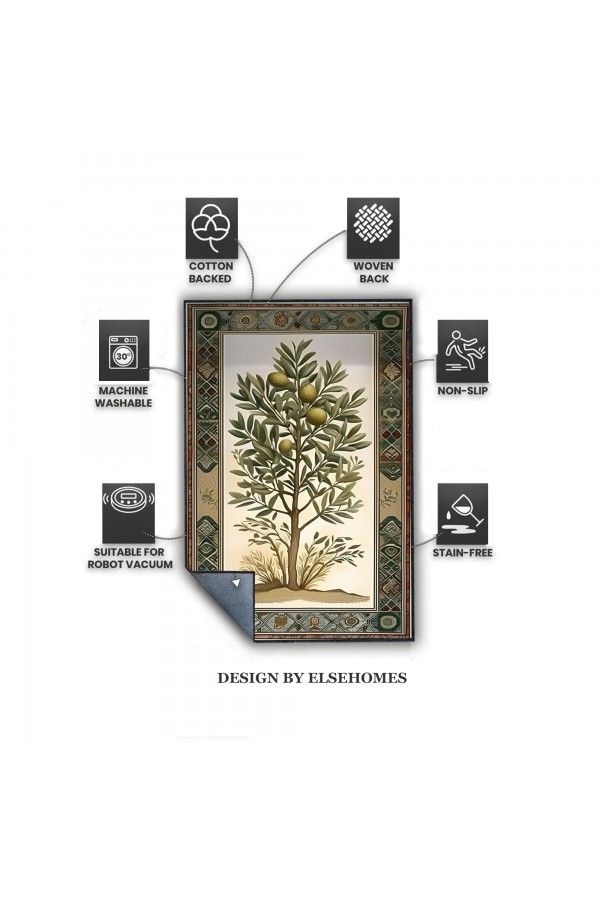 Zeytin Ağacı Desenli Dokuma Şönil Kilim Halı Yıkanabilir Salon Oturma Odası Mutfak Halısı