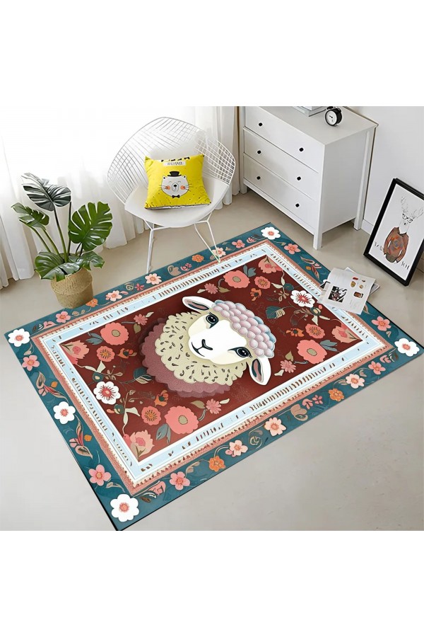 Sevimli Kuzu Desenli Dokuma Şönil Kilim Halı Yıkanabilir Salon Oturma Odası Mutfak Çocuk Halısı