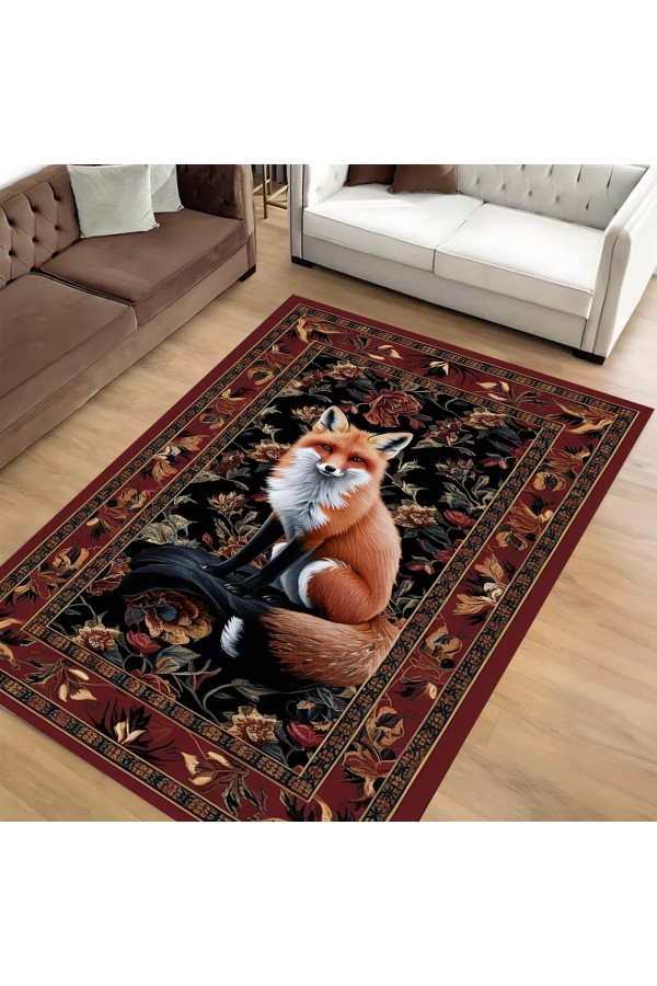 Tilki Hayvan Desenli Dokuma Şönil Kilim Halı Yıkanabilir Salon Oturma Odası Mutfak Halısı