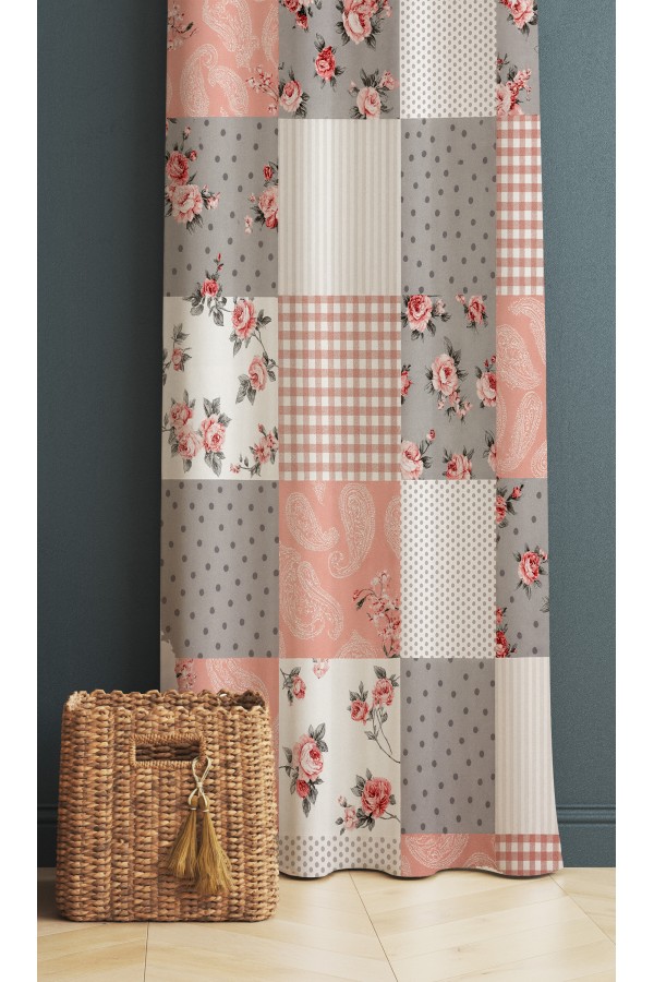 Gri Pembe Retro Çiçek Desenli Dijital Baskı Fon Perde 140x260cm