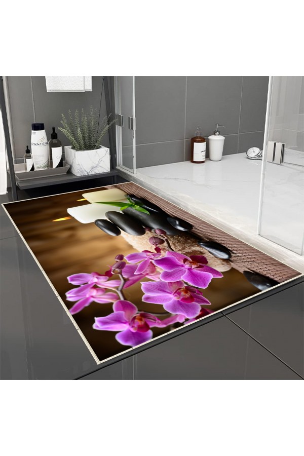 Mumlu Spa Çiçek Desenli Tekli Banyo Paspas Halısı Kaymaz Yıkanabilir