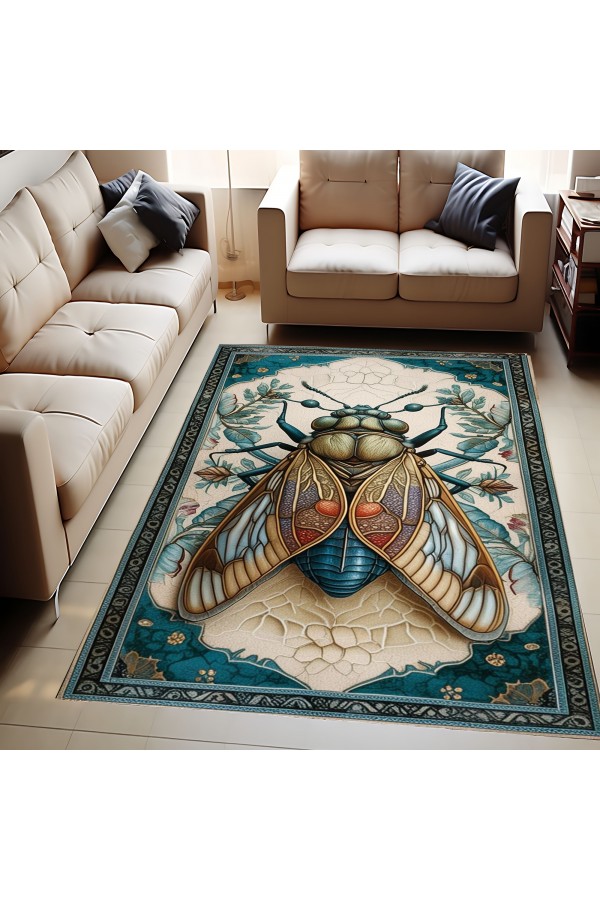 Ağustos Böceği Desenli Dokuma Şönil Kilim Halı Yıkanabilir Salon Oturma Odası Mutfak Halısı