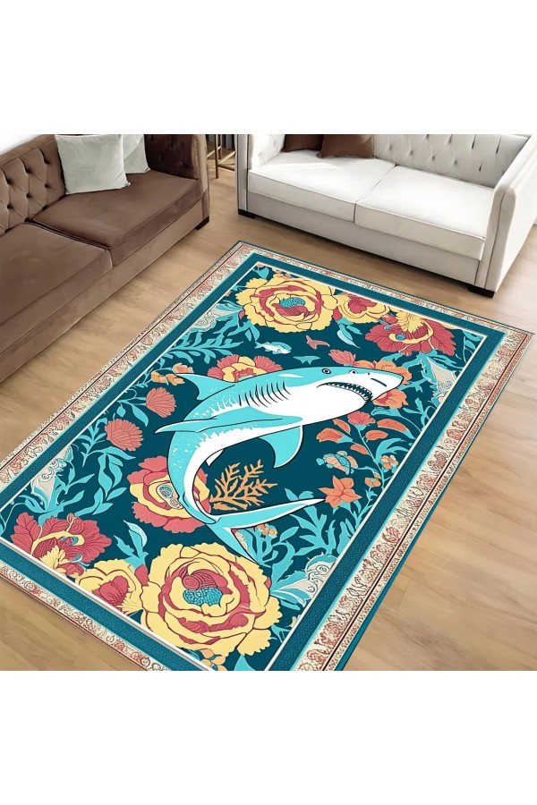 Köpek Balığı Retro Desenli Dokuma Şönil Kilim Halı Yıkanabilir Salon Oturma Odası Mutfak Halısı