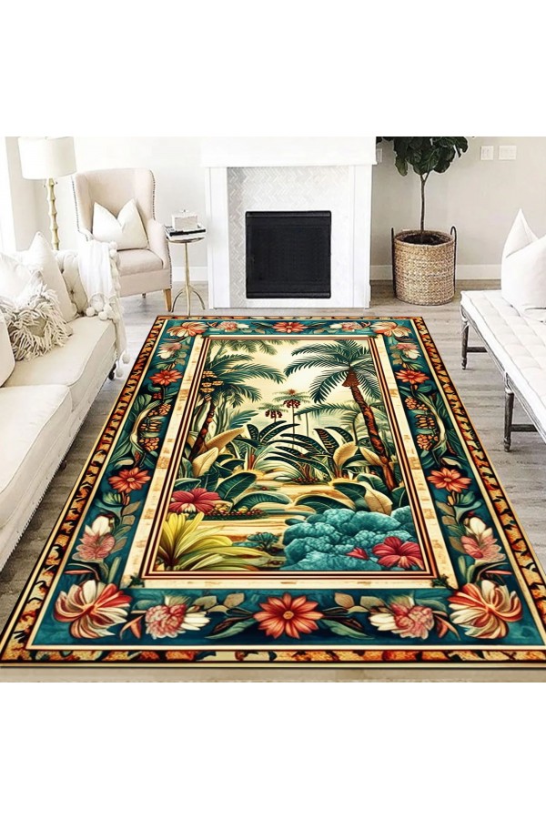 Renkli Tropik Orman Desenli Dokuma Şönil Kilim Halı Yıkanabilir Salon Oturma Odası Mutfak Halısı