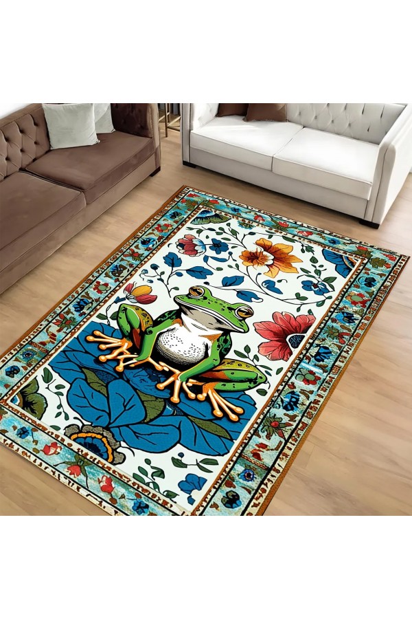 Kurbağa Desenli Dokuma Şönil Kilim Halı Yıkanabilir Salon Oturma Odası Mutfak Halısı