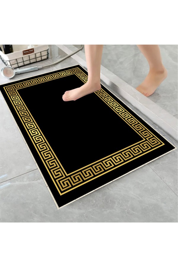 Siyah Sarı Altın Kilit Desenli Tekli Banyo Paspas Halısı Kaymaz Yıkanabilir Siyah Sarı Altın Kilit Desenli Tekli Banyo Paspas Halısı Kaymaz Yıkanabilir