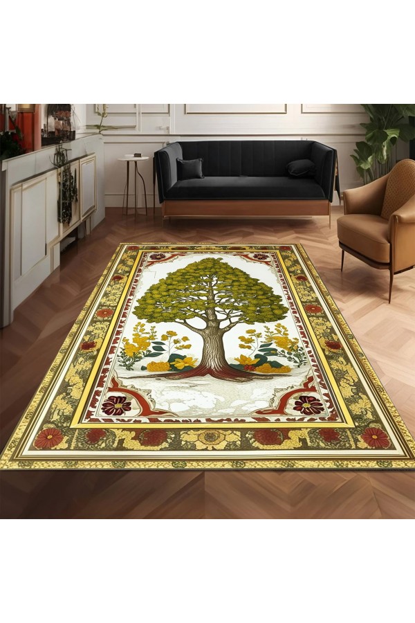 Ağaç Desenli Dokuma Şönil Kilim Halı Yıkanabilir Salon Oturma Odası Mutfak Halısı