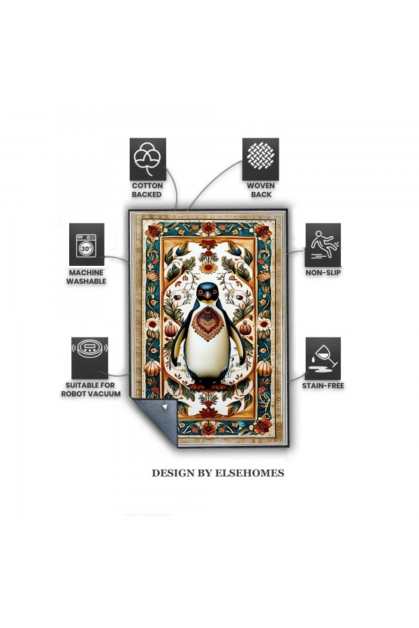 Sevimli Penguen Desenli Dokuma Şönil Kilim Halı Yıkanabilir Salon Oturma Odası Mutfak Halısı