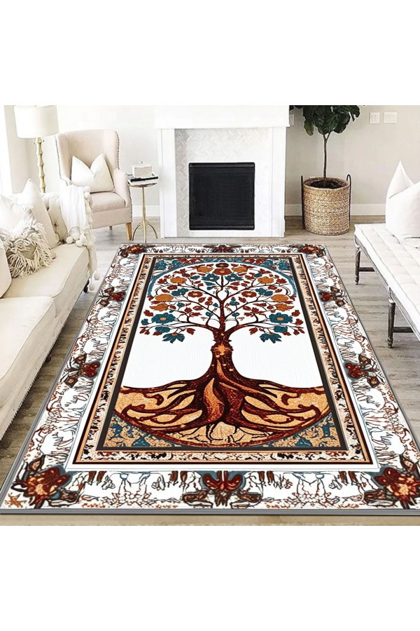 Retro Yaşam Ağacı Desenli Dokuma Şönil Kilim Halı Yıkanabilir Salon Oturma Odası Mutfak Halısı