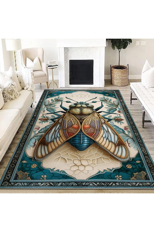 Ağustos Böceği Desenli Dokuma Şönil Kilim Halı Yıkanabilir Salon Oturma Odası Mutfak Halısı