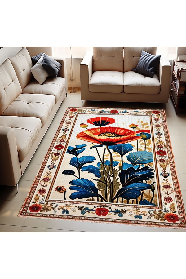 Gelincik Desenli Dokuma Şönil Kilim Halı Yıkanabilir Salon Oturma Odası Mutfak Halısı