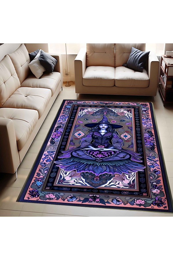 Gotik Mor Cadı Desenli Dokuma Şönil Kilim Halı Yıkanabilir Salon Oturma Odası Mutfak Halısı