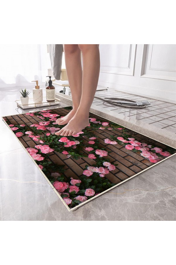 Pembe Sarmaşık Güller Desenli Tekli Banyo Paspas Halısı Kaymaz Yıkanabilir