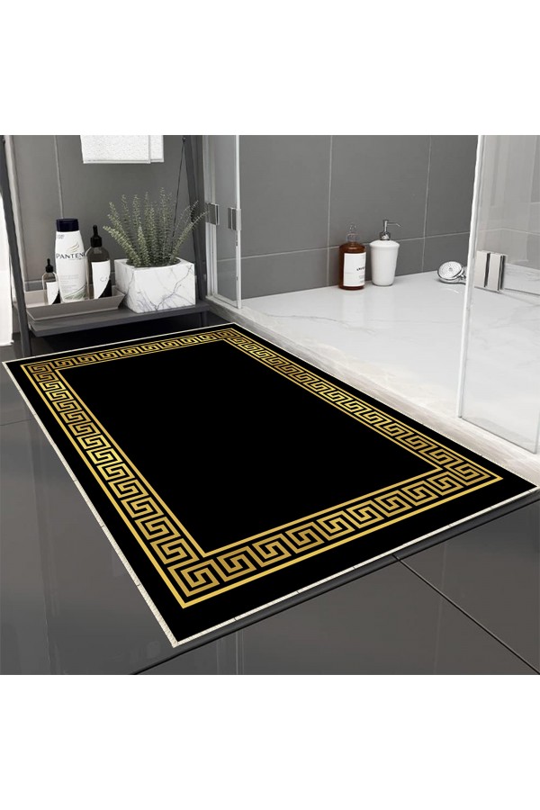 Siyah Sarı Altın Kilit Desenli Tekli Banyo Paspas Halısı Kaymaz Yıkanabilir Siyah Sarı Altın Kilit Desenli Tekli Banyo Paspas Halısı Kaymaz Yıkanabilir