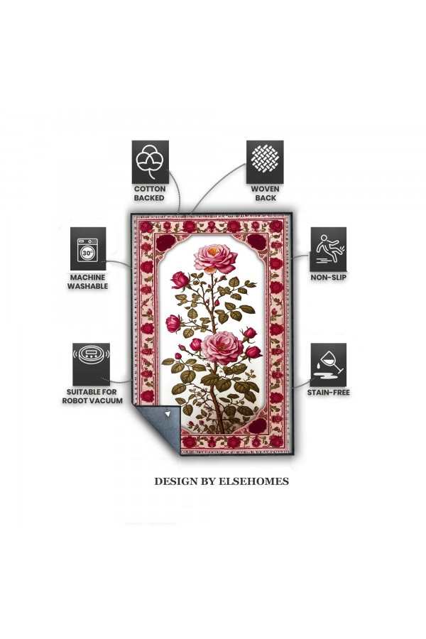 Pembe Gül Çiçek Desenli Dokuma Şönil Kilim Halı Yıkanabilir Salon Oturma Odası Mutfak Halısı