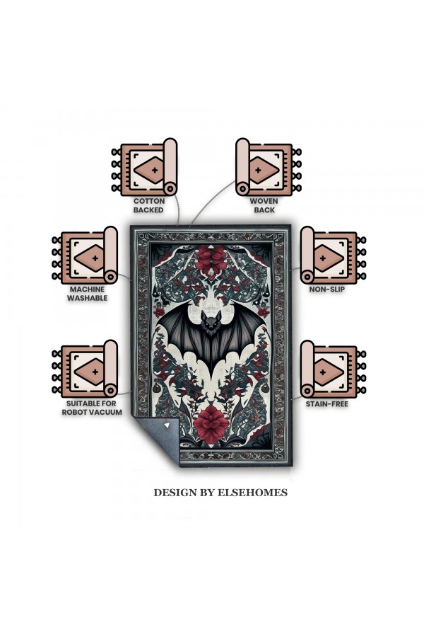 Gotik Yarasa Desenli Dokuma Şönil Kilim Halı Yıkanabilir Salon Oturma Odası Mutfak Halısı