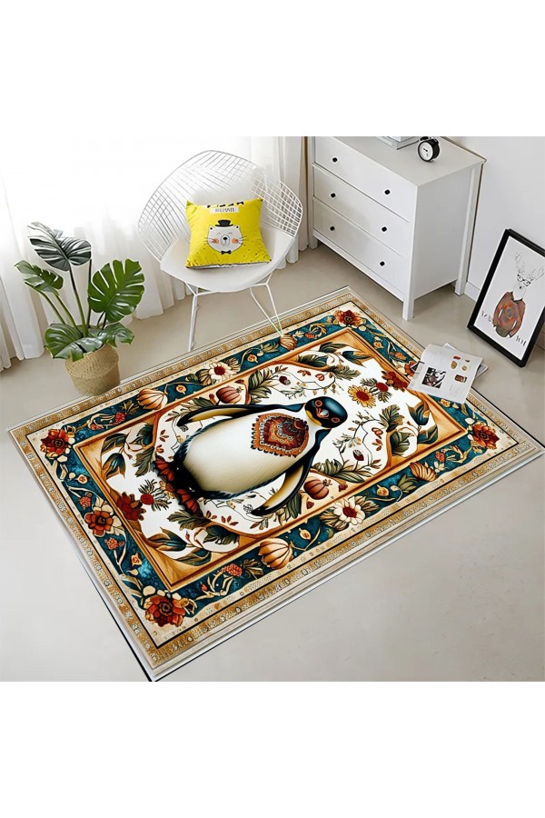Sevimli Penguen Desenli Dokuma Şönil Kilim Halı Yıkanabilir Salon Oturma Odası Mutfak Halısı
