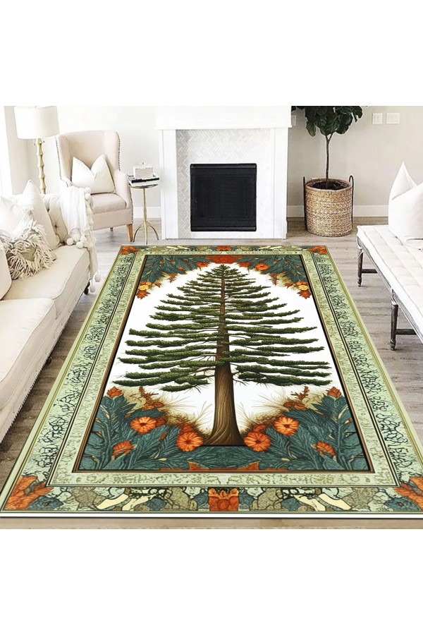 Ağaç Retro Desenli Dokuma Şönil Kilim Halı Yıkanabilir Salon Oturma Odası Mutfak Halısı