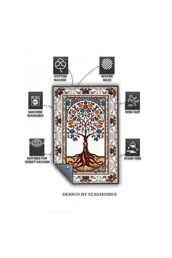 Retro Yaşam Ağacı Desenli Dokuma Şönil Kilim Halı Yıkanabilir Salon Oturma Odası Mutfak Halısı