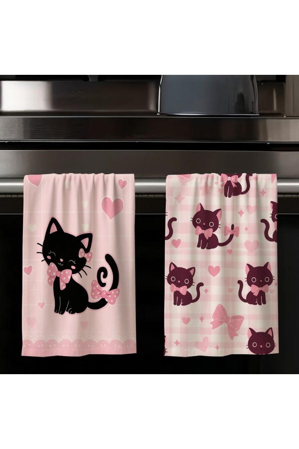 Sevimli Kedi Pembe Desenli 2 li Set Dekoratif Yıkanabilir Pamuklu Mutfak Fırın El Havlusu 35x50 cm