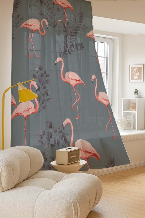 Pembe Flamingo Gri Desenli Dijital Baskı Fon Perde Salon Mutfak Yatak Odası 140x260cm