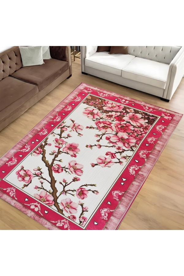 Pembe Sakura Ağaç Çiçek Desenli Dokuma Şönil Kilim Halı Yıkanabilir Salon Oturma Odası Mutfak Halısı