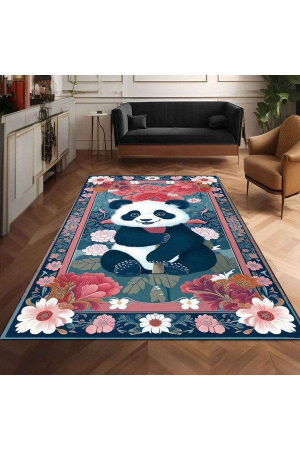 Renkli Panda Desenli Dokuma Şönil Kilim Halı Yıkanabilir Salon Oturma Odası Mutfak Halısı