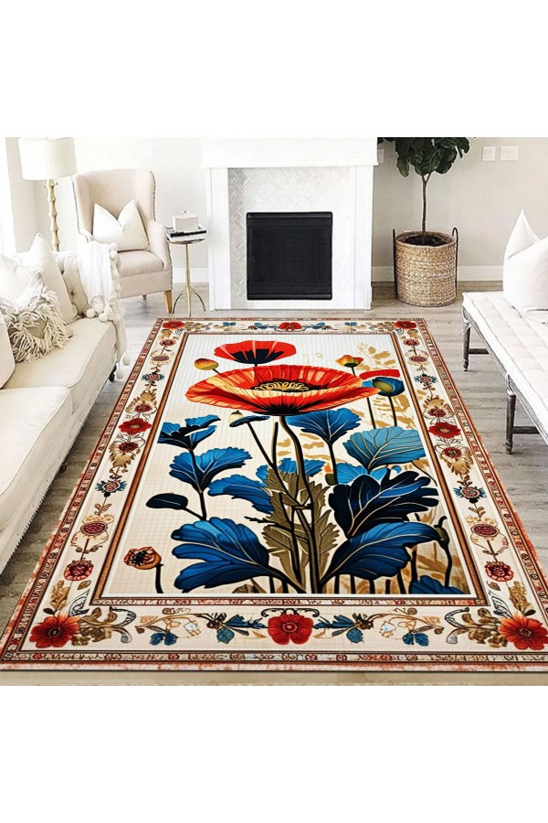 Gelincik Desenli Dokuma Şönil Kilim Halı Yıkanabilir Salon Oturma Odası Mutfak Halısı