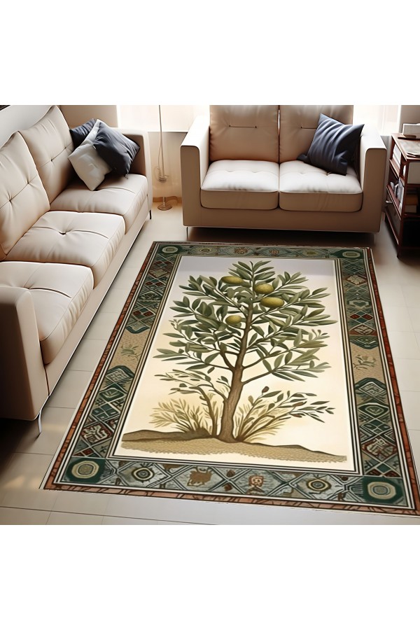 Zeytin Ağacı Desenli Dokuma Şönil Kilim Halı Yıkanabilir Salon Oturma Odası Mutfak Halısı