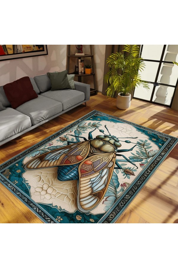 Ağustos Böceği Desenli Dokuma Şönil Kilim Halı Yıkanabilir Salon Oturma Odası Mutfak Halısı