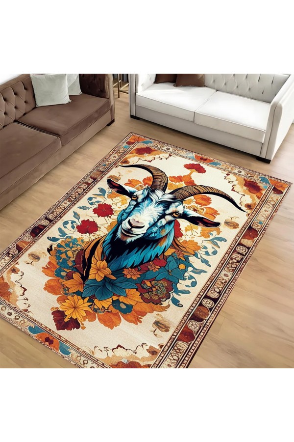 Keçi Desenli Dokuma Şönil Kilim Halı Yıkanabilir Salon Oturma Odası Mutfak Halısı