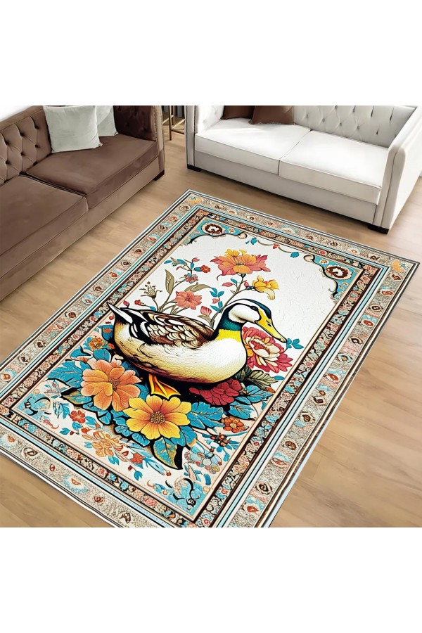 Sevimli Ördek Desenli Dokuma Şönil Kilim Halı Yıkanabilir Salon Oturma Odası Mutfak Halısı