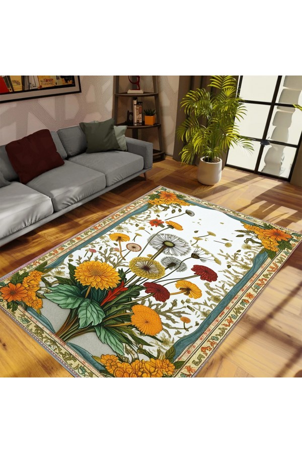Karahindiba Çiçek Desenli Dokuma Şönil Kilim Halı Yıkanabilir Salon Oturma Odası Mutfak Halısı