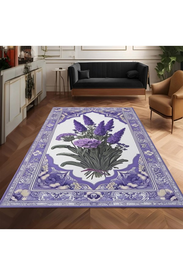 Mor Lavanta Desenli Dokuma Şönil Kilim Halı Yıkanabilir Salon Oturma Odası Mutfak Halısı