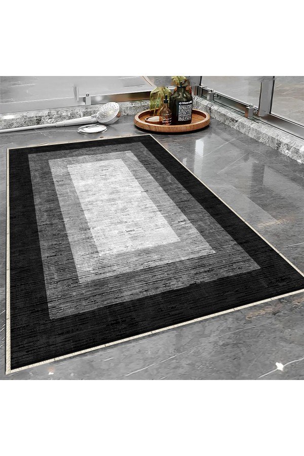 Gri Siyah Çizgi Desenli Tekli Banyo Paspas Halısı Kaymaz Yıkanabilir